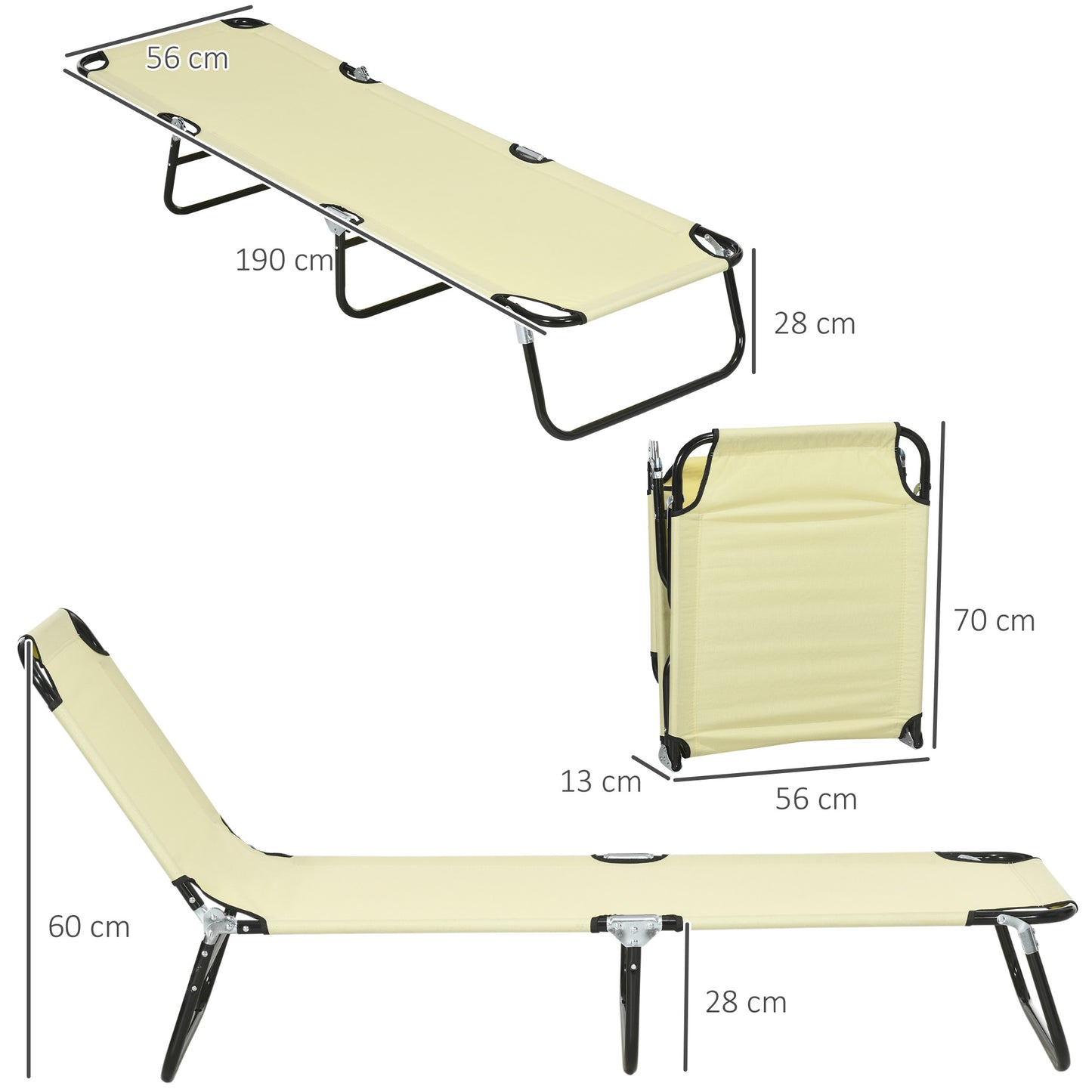 Outsunny Set of Two Metal Frame Folding Sun Loungers Beige With Five Position Reclining Backrest