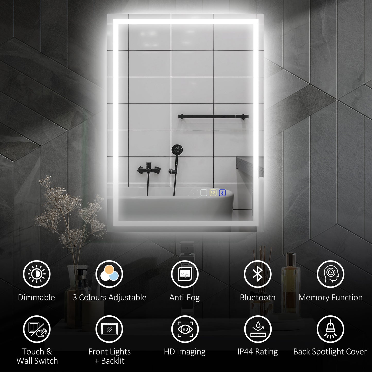 HOMCOM 50 By 70 Cm Anti Fog LED Bathroom Mirror With Bluetooth Silver Tone Edge Lit 240 LED Beads
