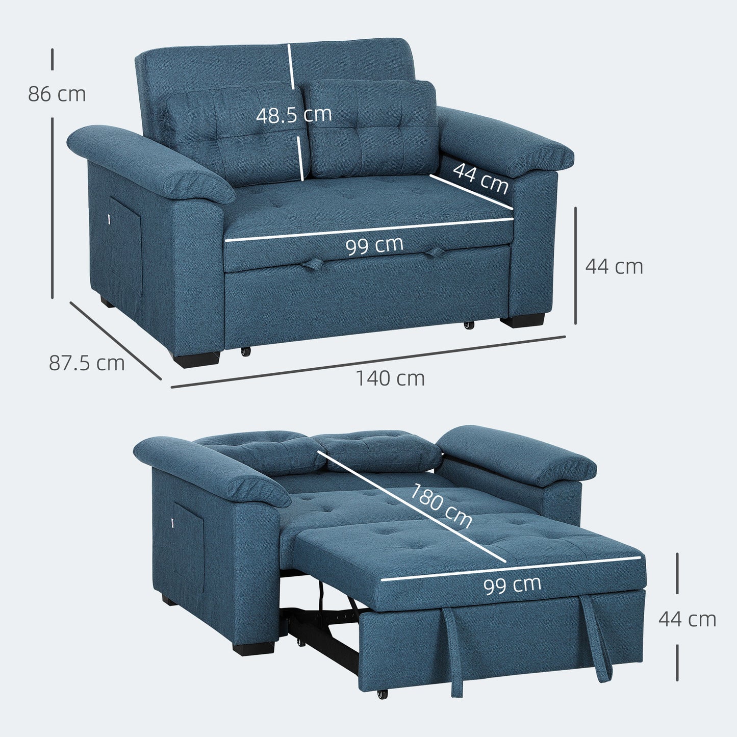 HOMCOM 2 Seater Pull Out Sofa Bed Click Clack With Pocket Springs Convertible Sofa Couch Blue Pillows And Side Pockets