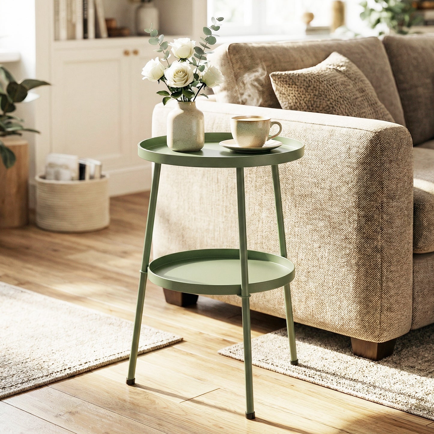 Outsunny 2 Tier Round Coffee End Table Patio Side Table For Garden Balcony Living Room Bedroom Light Green