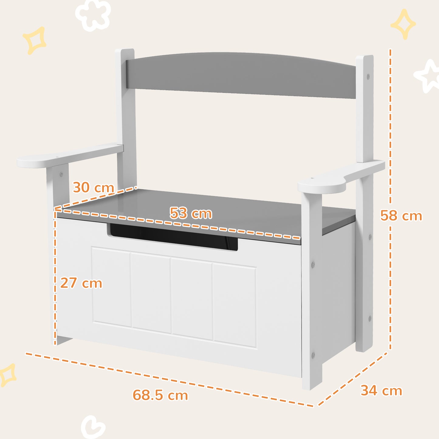 AIYAPLAY 2 In 1 Toy Box Storage Bench With Lid For Kids Bedroom Nursery Playroom Grey