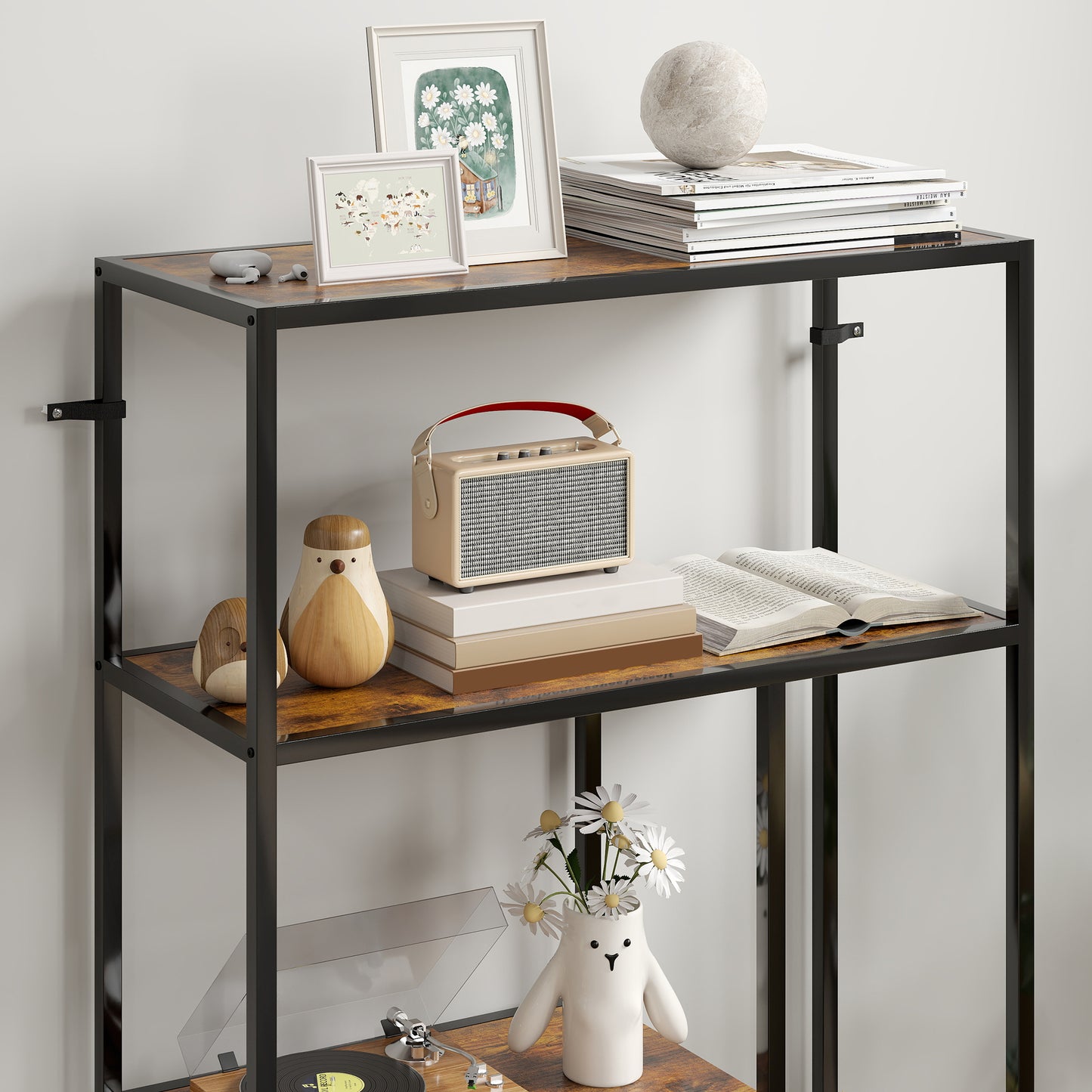 HOMCOM 4 Tier Bookshelf With Open Shelves Rustic Brown Wood Finish Black Frame Industrial Style Storage