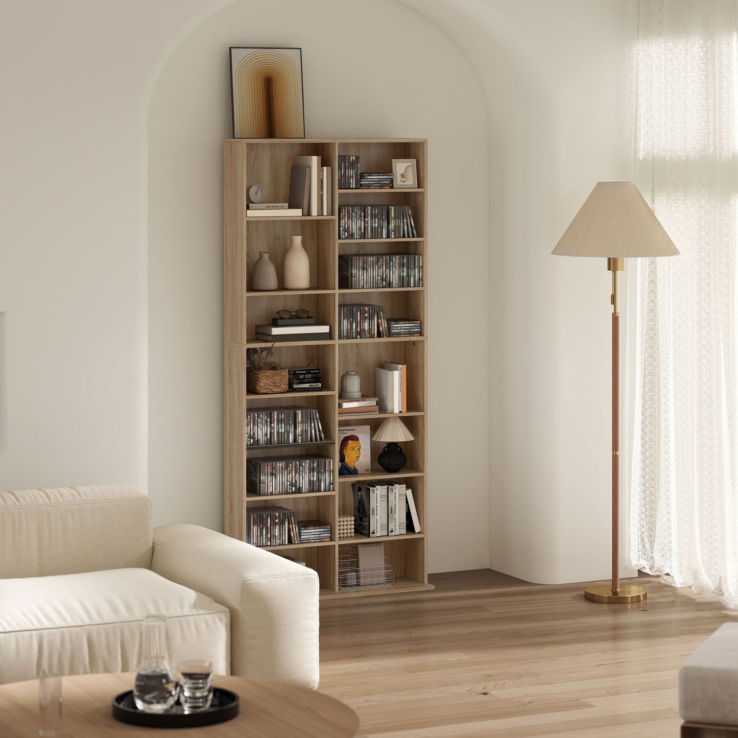 HOMCOM 640 CD Storage Tower In Nature Wood Finish With 14 Adjustable Shelves And Anti Tipping Design