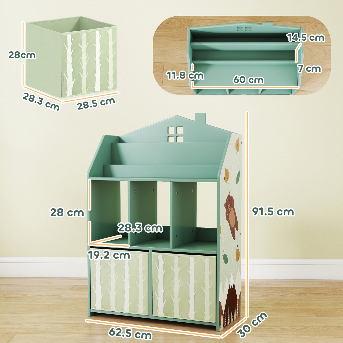 AIYAPLAY Kids Bookshelf with Storage and Fabric Drawers for Playroom and Nursery Green Book Display Unit