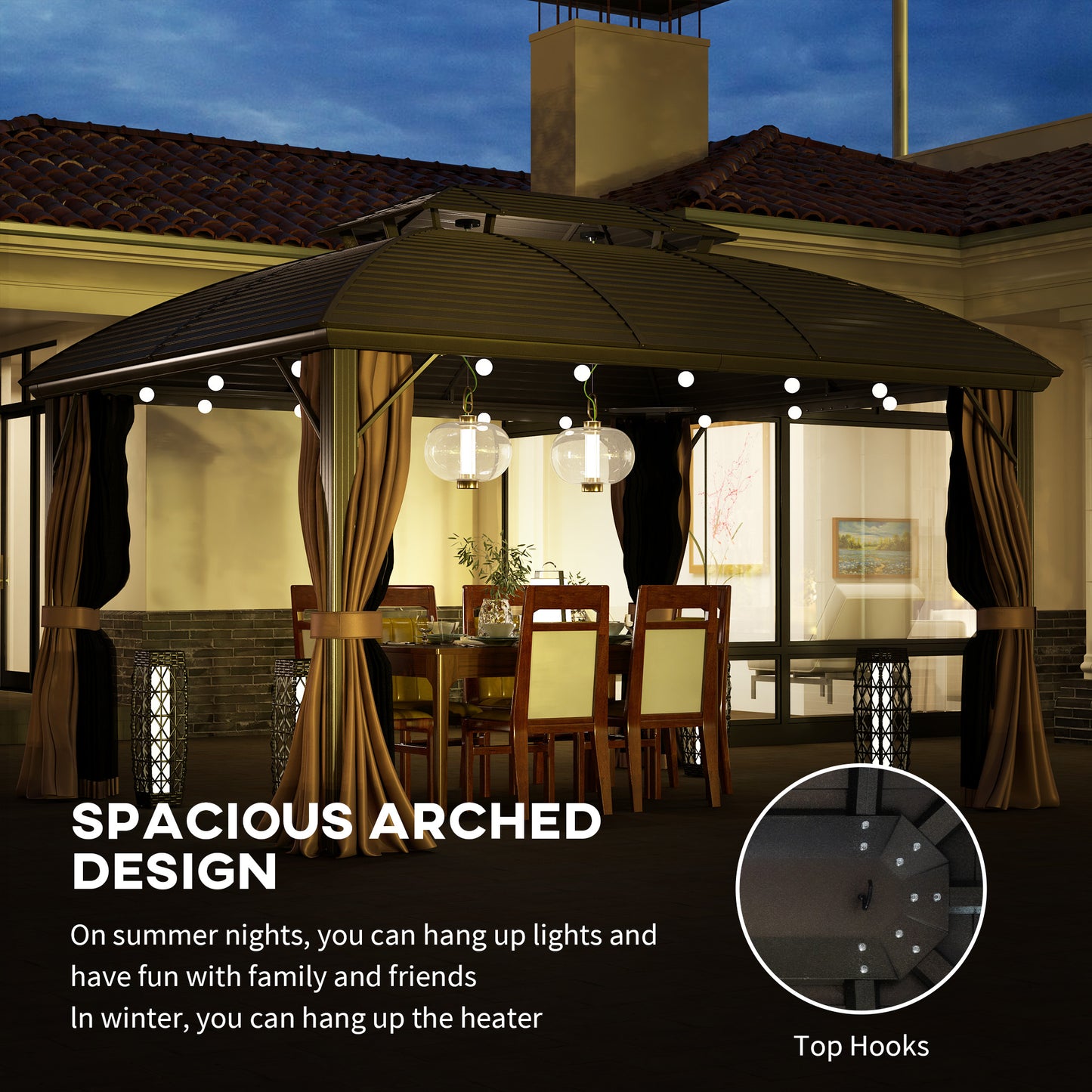 Outsunny 3.65m X 3m Hardtop Steel Gazebo Canopy With Aluminium Frame Double Roof Net Sidewalls And Curtains Coffee
