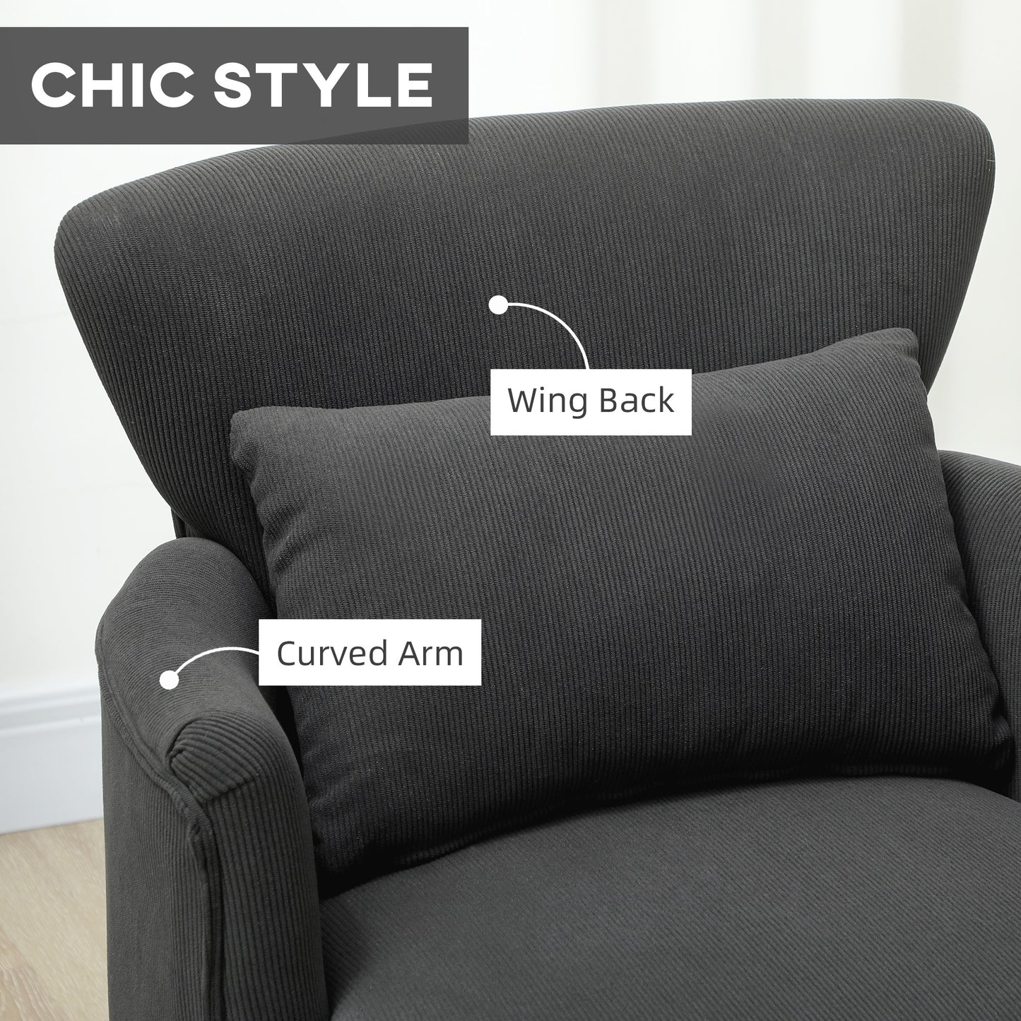 HOMCOM Corduroy Retro Wing Back Accent Chair For Small Spaces With Black Upholstery