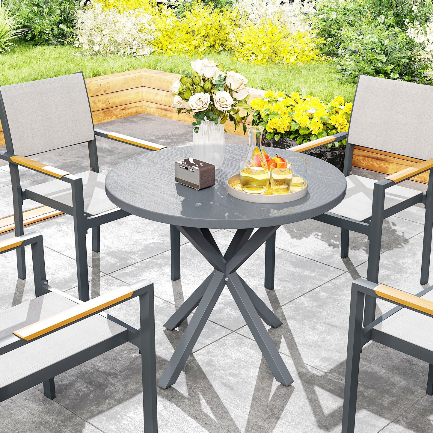 Outsunny 85cm Round Outdoor Dining Table With Steel Frame And Wood Effect Top For Balcony And Deck Dark Grey