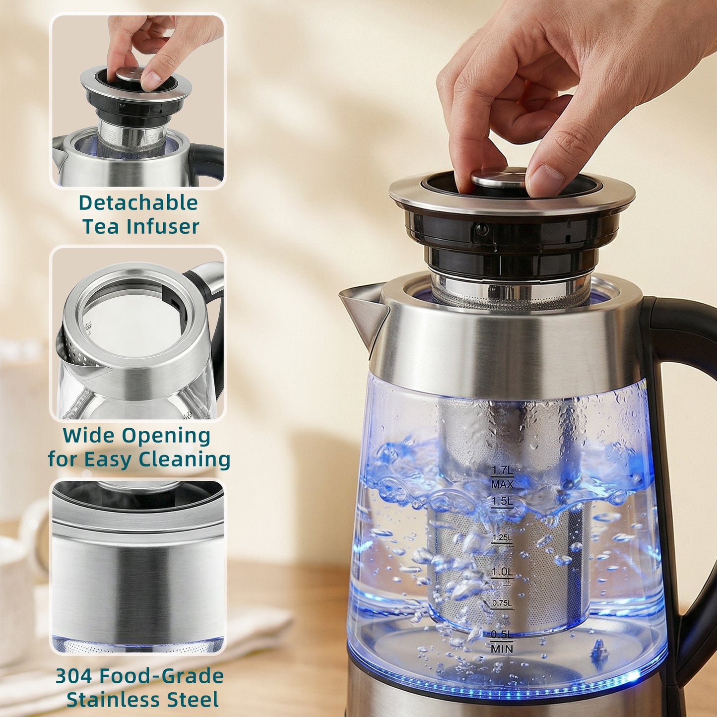 HOMCOM Electric Kettle 1.7L 3000W Fast Boil With Strix Thermostat Tea Infuser 5 Temperature Presets 60-100 C Keep Warm