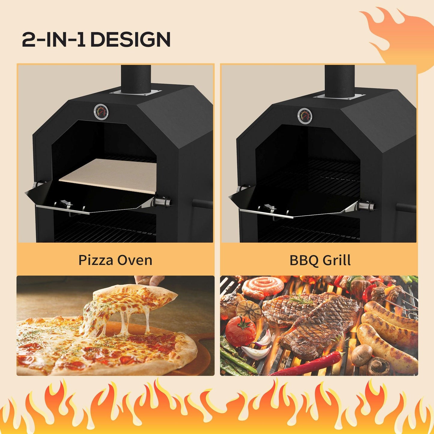 Outsunny Steel 3-Tier Outdoor Pizza Oven Charcoal BBQ Grill, Black - ALL4U RETAILER LTD