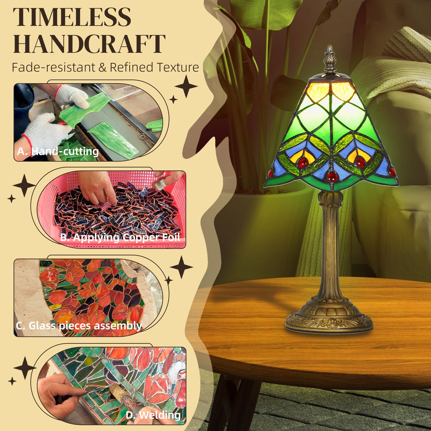 HOMCOM Tiffany Style Table Lamp Geometric Patterns Handcrafted Antique Stained Glass Bedside Lamp Green E27 Socket