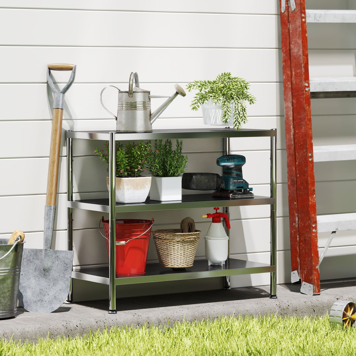 HOMCOM 3-Tier Bakers Rack With Storage Stainless Steel Microwave Stand Adjustable Shelves For Small Spaces Silver Tone