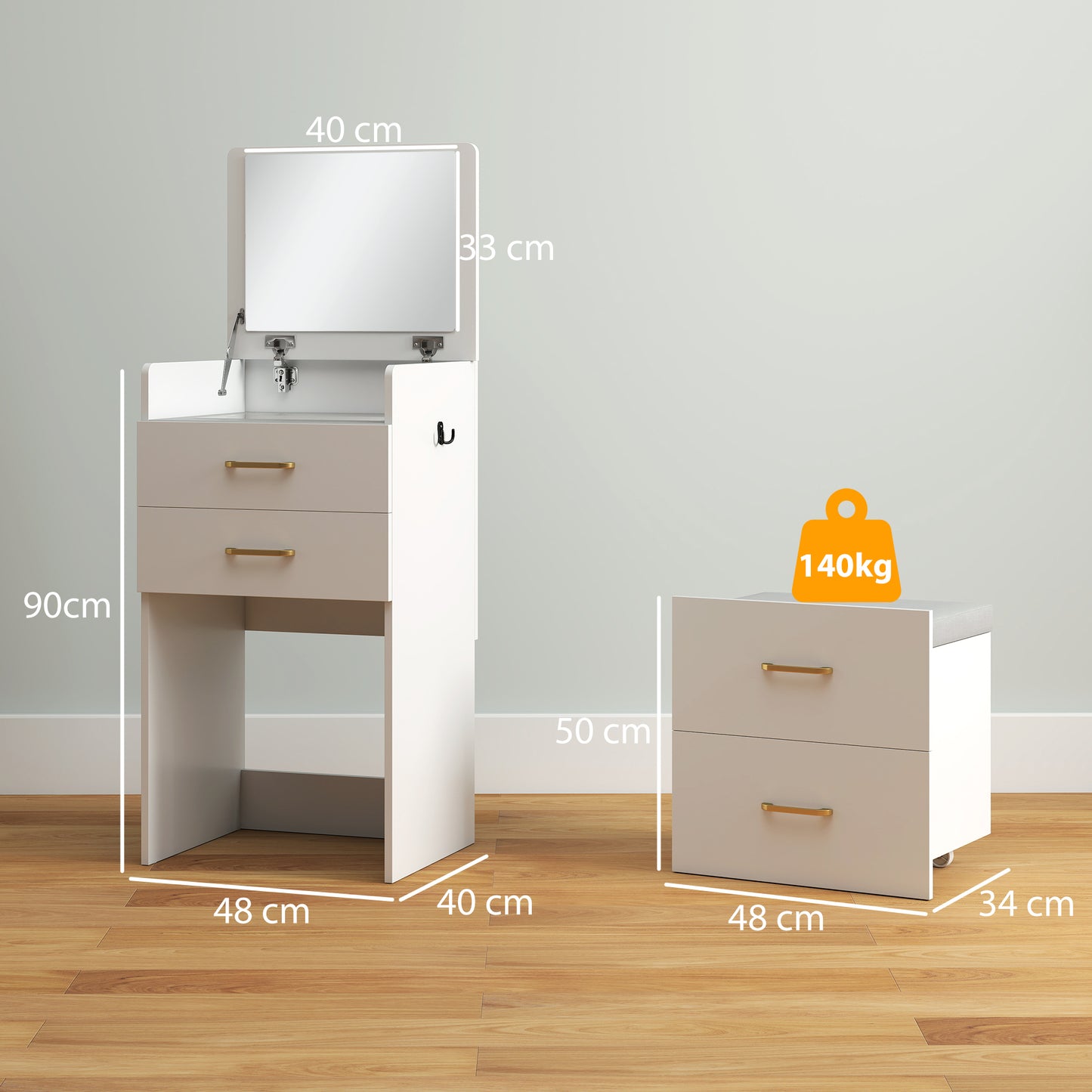 HOMCOM Compact Dressing Table And Stool Set With White Mirror And Storage Two Drawers And Eight Grid Storage