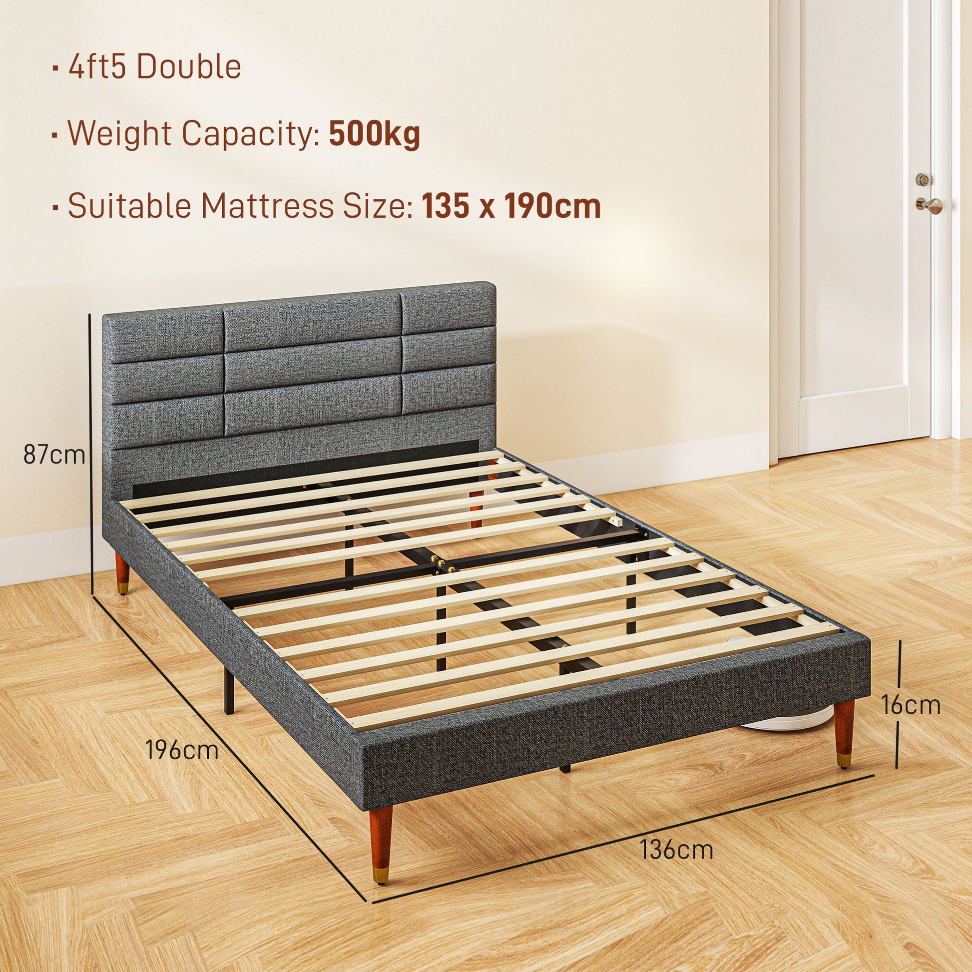 HOMCOM 4ft5 Stylish Upholstered Double Bed Frame with Underbed Storage and Tufted Headboard – No Box Spring Required - ALL4U RETAILER LTD