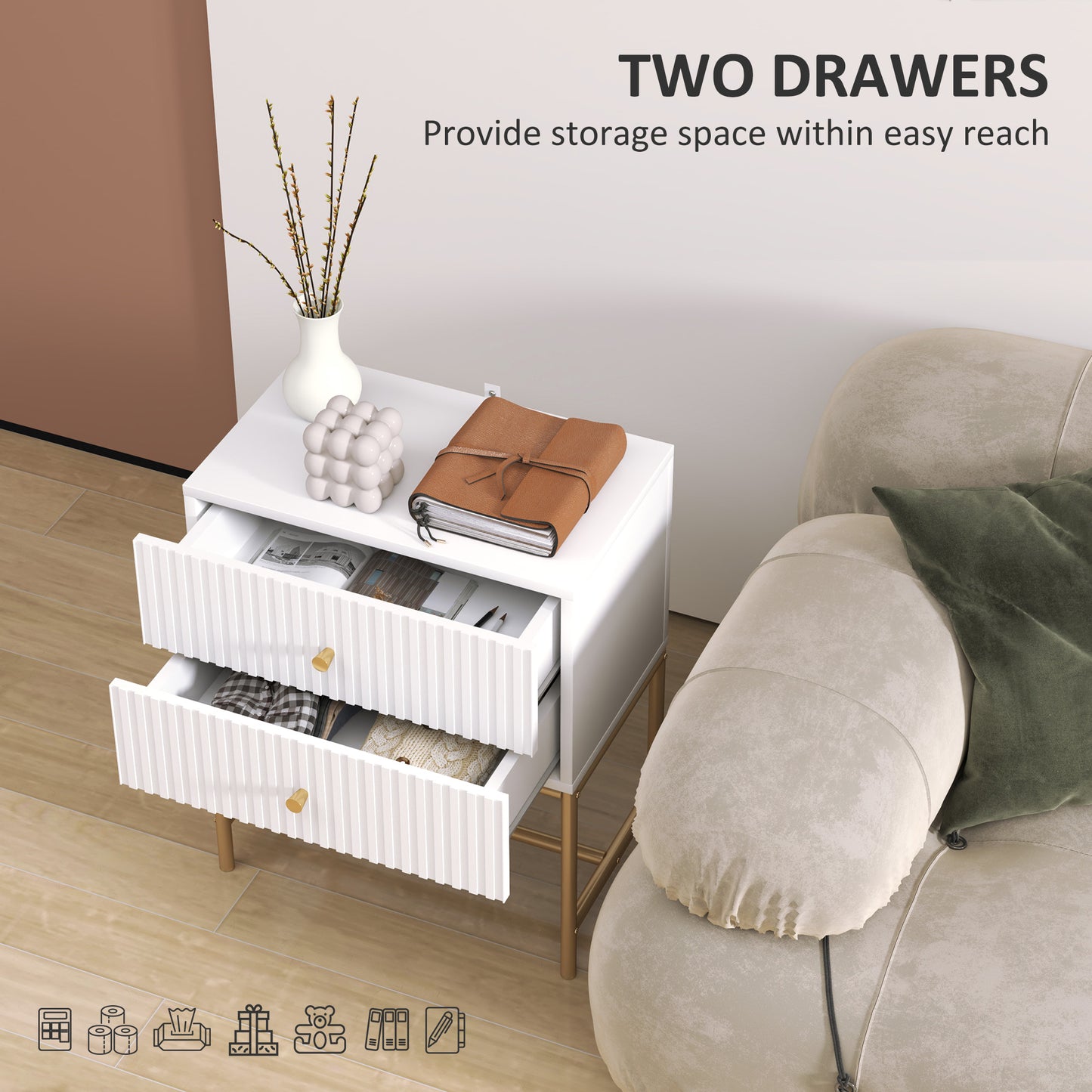 HOMCOM Elegant Two Drawer Bedside Table White With Gold Tone Handles And Metal Base