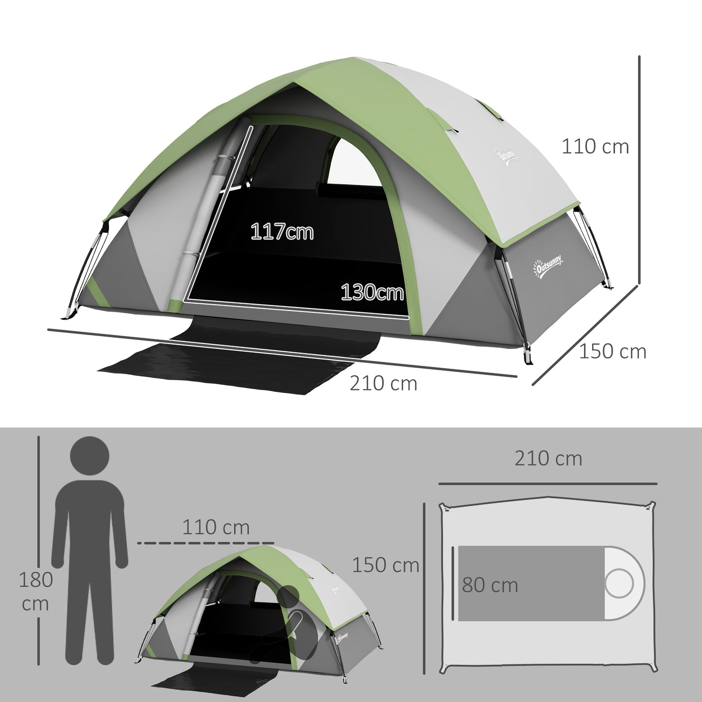 Outsunny Waterproof 4-5 Person Camping Tent with Sewn-in Groundsheet and Carry Bag in Grey and Green - ALL4U RETAILER LTD