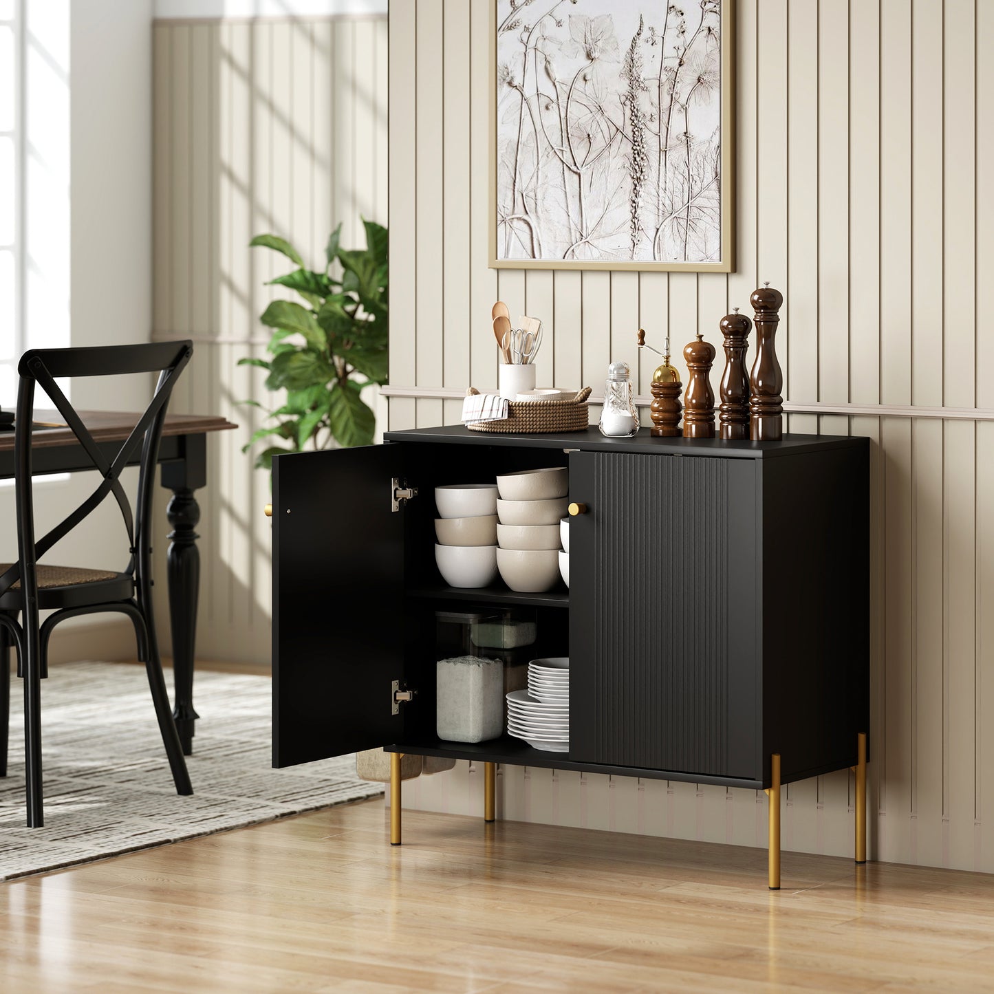 HOMCOM Sideboard Buffet Cabinet With Fluted Doors And Adjustable Shelf Black Coffee Bar Storage