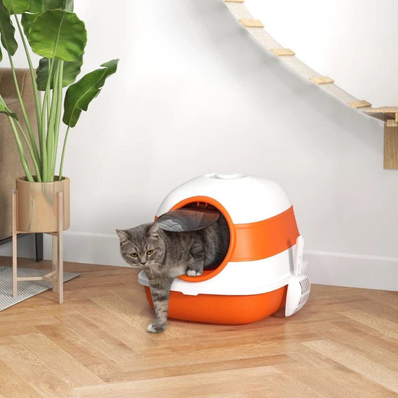 PawHut Foldable Cat Litter Box with Lid, Deodorant and Scoop, Orange - ALL4U RETAILER LTD