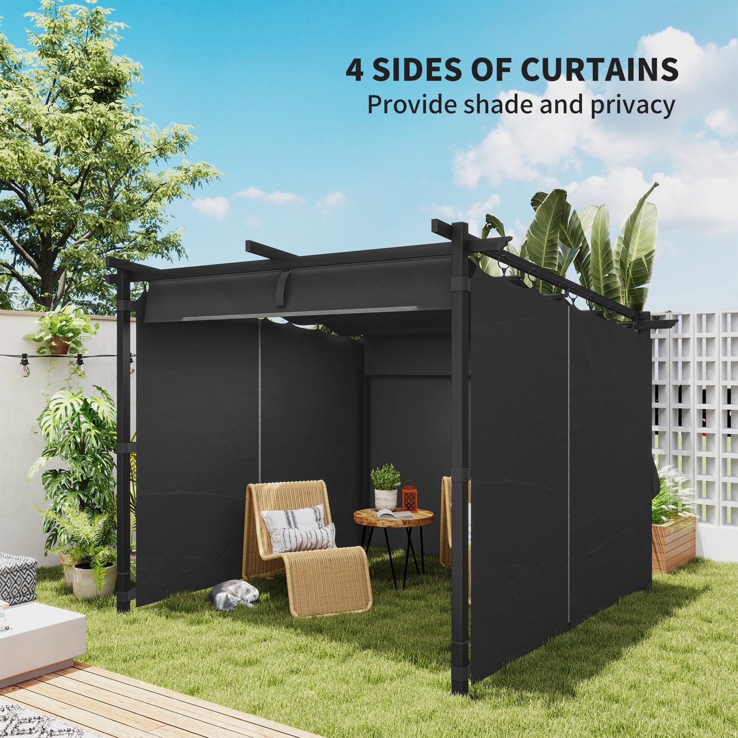 Outsunny 3 x 3 m Retractable Roof Pergola With Curtains Dark Grey Outdoor Patio Shade