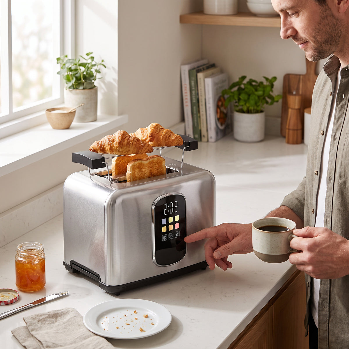 Stainless steel 2-slice toaster with LED touch panel and toasted bread on rack