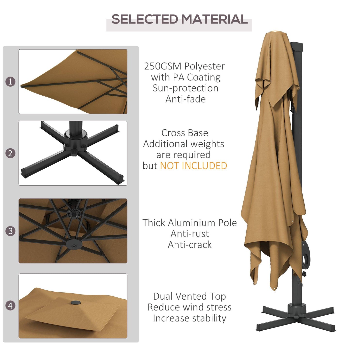 Outsunny Garden Parasol, 3(m) Cantilever Parasol with Hydraulic Mechanism, Dual Vented Top, 8 Ribs, Cross Base, Khaki - ALL4U RETAILER LTD