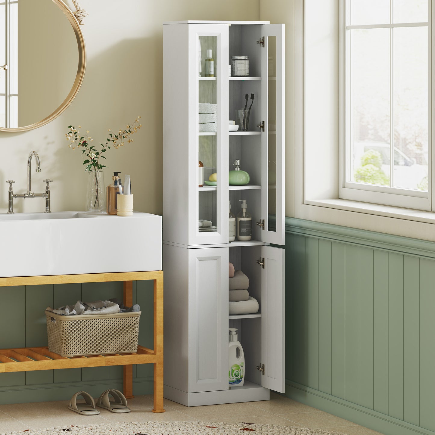 HOMCOM Tall Bathroom Storage Cabinet Six Tier Slim Design With Adjustable Shelf Four Soft Close Doors White