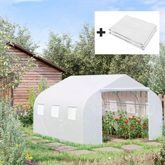 Outsunny Walk-In Tunnel Greenhouse with Replacement Cover, Outdoor Growhouse with PE Cover, Roll Up Door and 6 Windows, 4.5 x 3 x 2 m, White - ALL4U RETAILER LTD