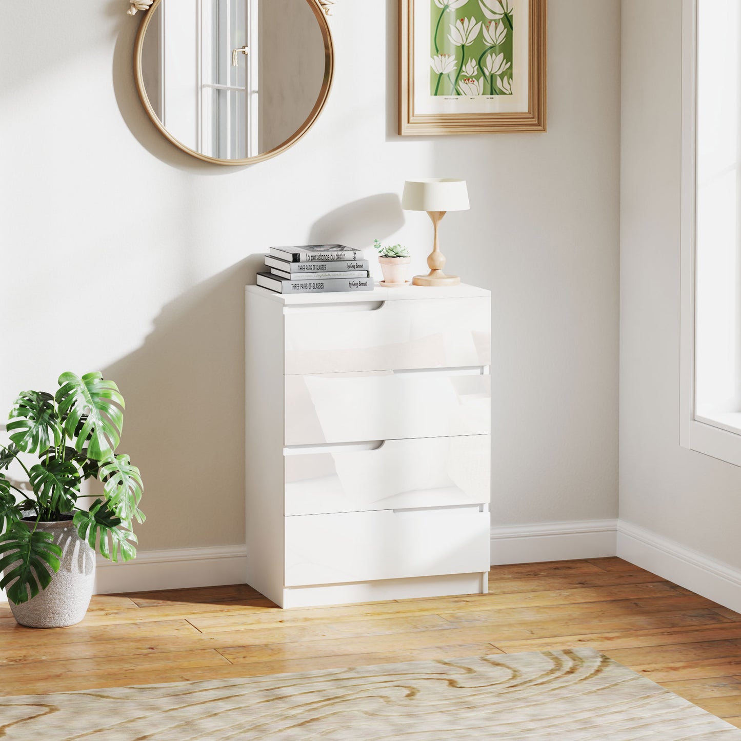HOMCOM High Gloss White Chest Of Drawers With 4 Drawers And Matching Two Drawer Bedside Table Modern Set