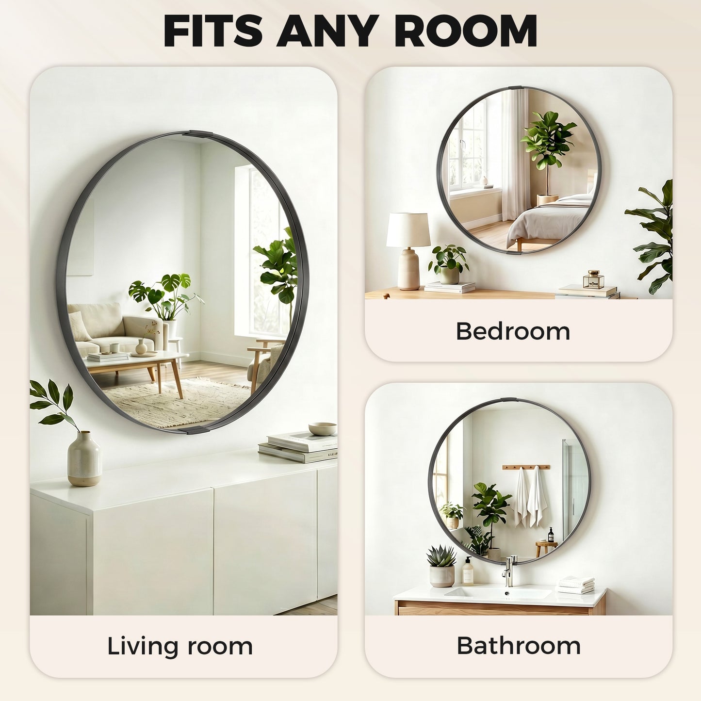 HOMCOM Round Wall Mirror 61 Cm Black Aluminium Alloy Frame Wall Mounted Bathroom Mirror With Tempered Safety Glass