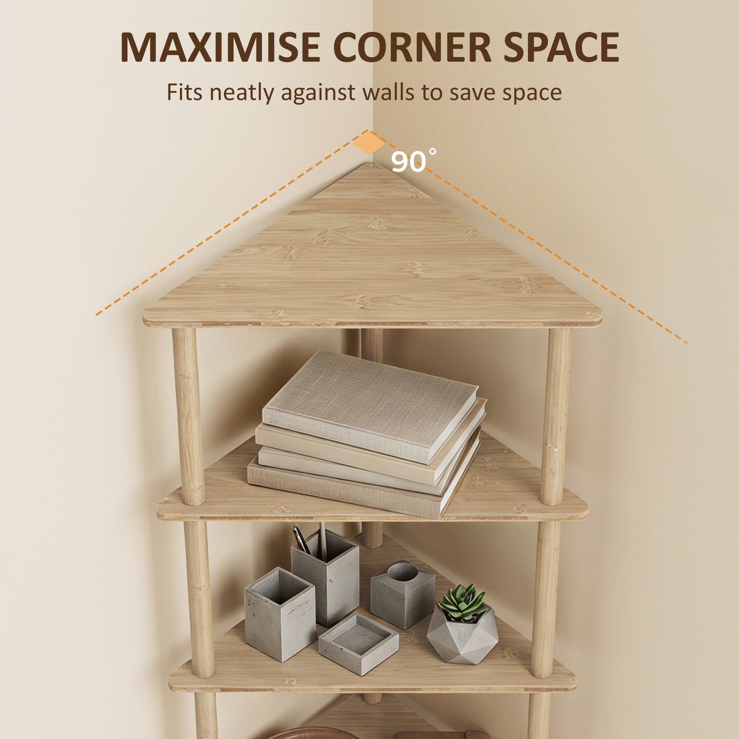 HOMCOM Bamboo Storage Shelf Five Tier Corner Shelf Freestanding Shelving Unit Living Room Natural Wood Finish