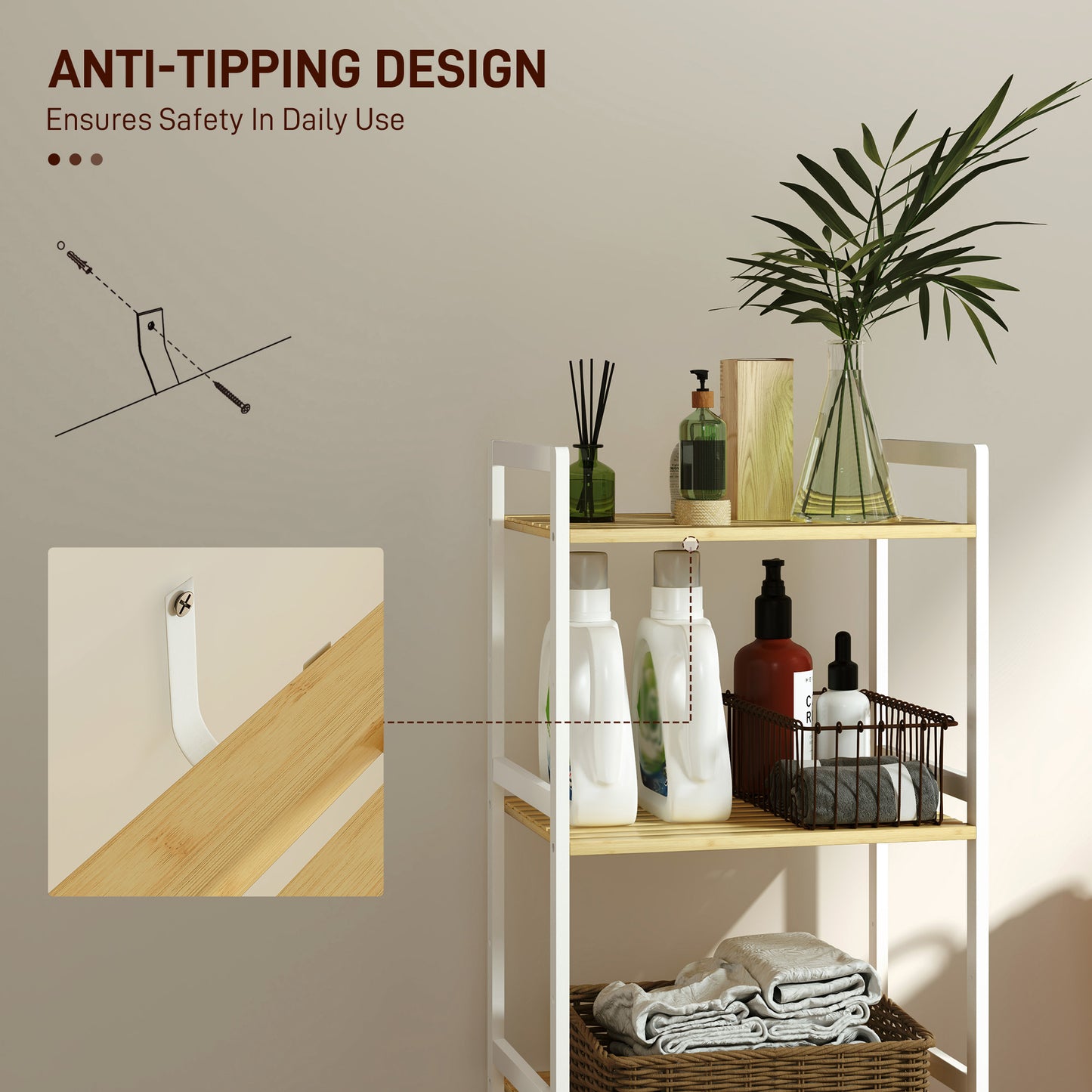 HOMCOM Bamboo Bathroom Shelf Storage Unit With Three Tier Design And Five Adjustable Levels