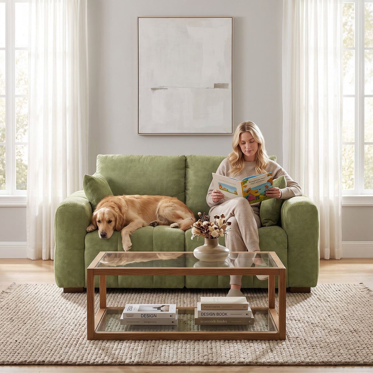 Green velvet 2-seater sofa with rounded arms and wooden legs, styled with a dog and book reader.