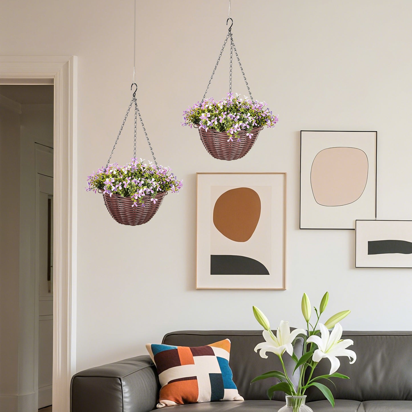 HOMCOM Set of 2 Purple Artificial Hanging Baskets with Lush Leaves and Flowers for Home and Office Decor
