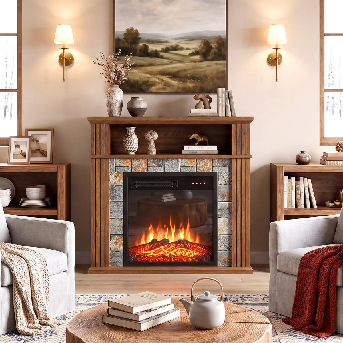 Grey electric fireplace TV stand with centered flame window and mantel shelves