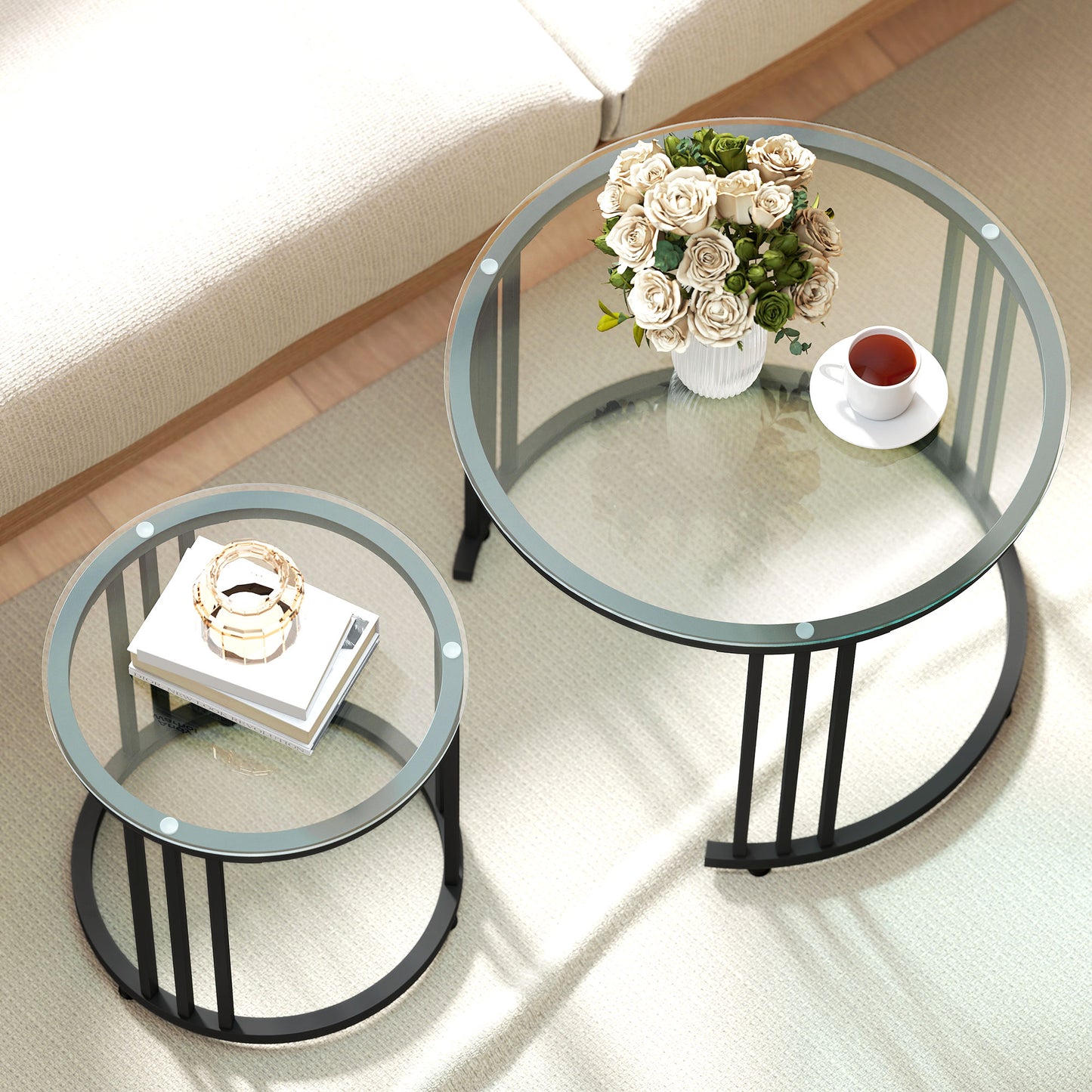 HOMCOM Round Coffee Tables Set of 2 Nesting Tables With Tempered Glass Tops And Steel Frame In Black