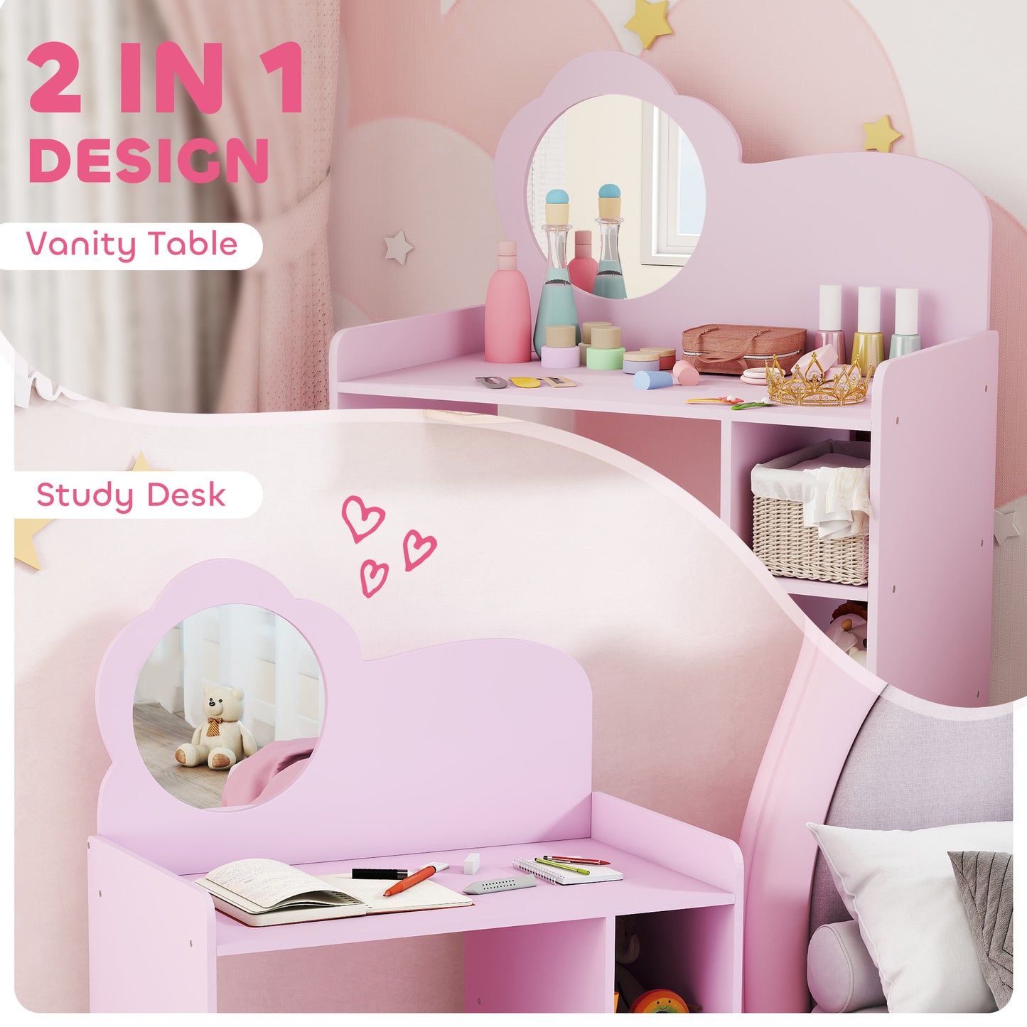 AIYAPLAY Kids Dressing Table With Mirror And Stool Vanity Table With Shelves For Ages 3 To 8 Purple
