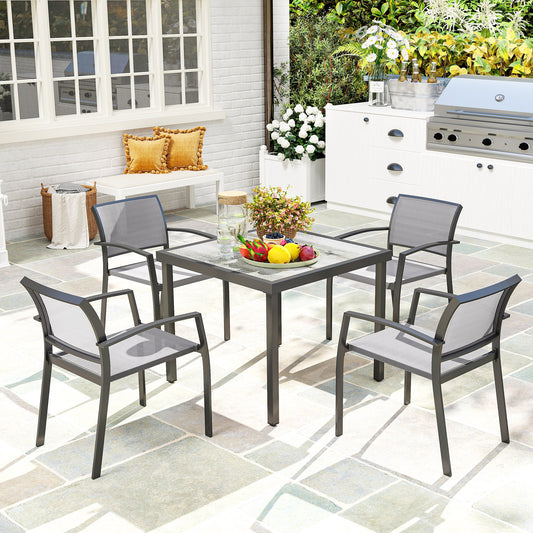 Outsunny Five Piece Outdoor Garden Dining Set With Texteline Chairs Four Stackable In Grey