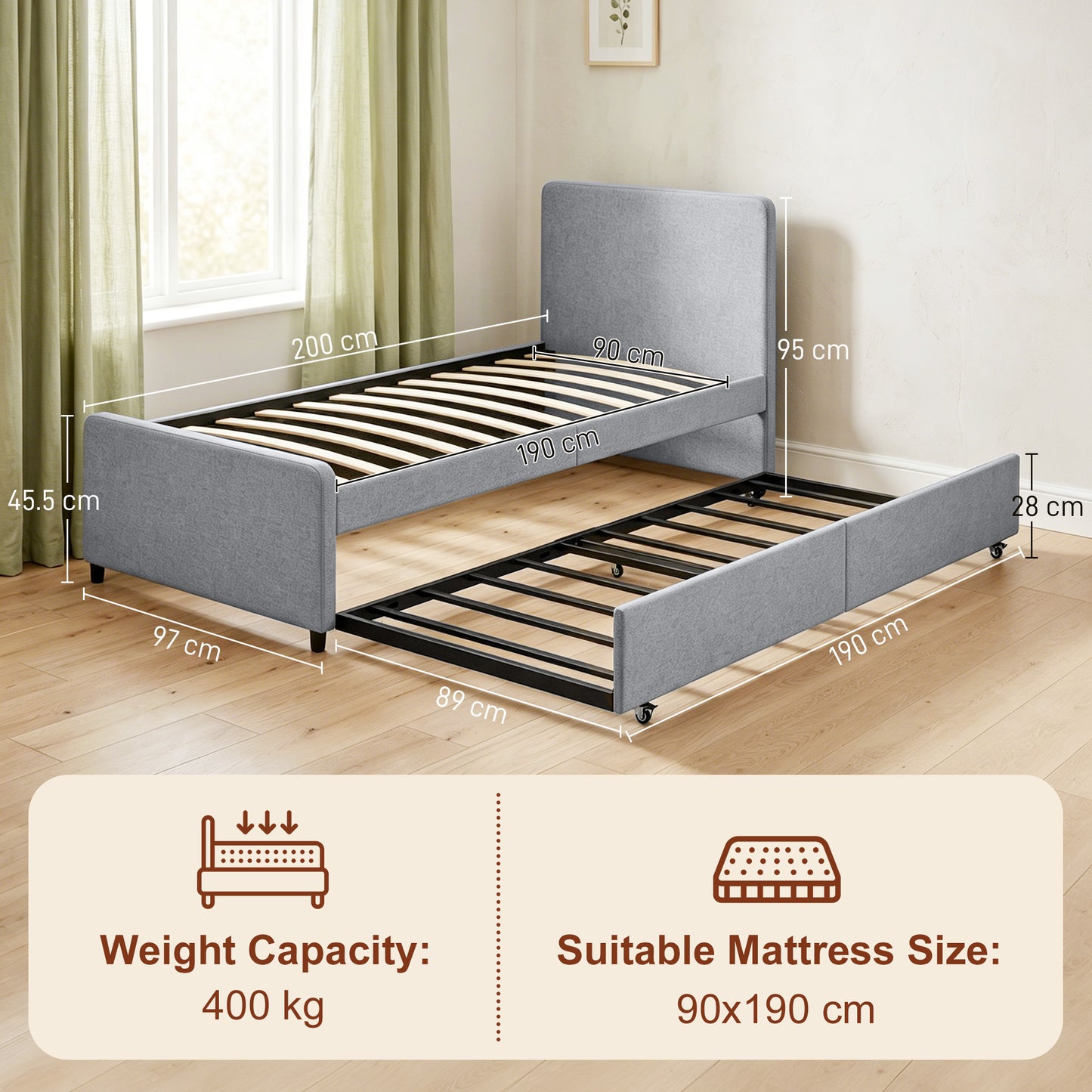 HOMCOM 3ft Single Bed Frame with Trundle Upholstered Pull Out Trundle Bed with Headboard And Footboard Light Grey