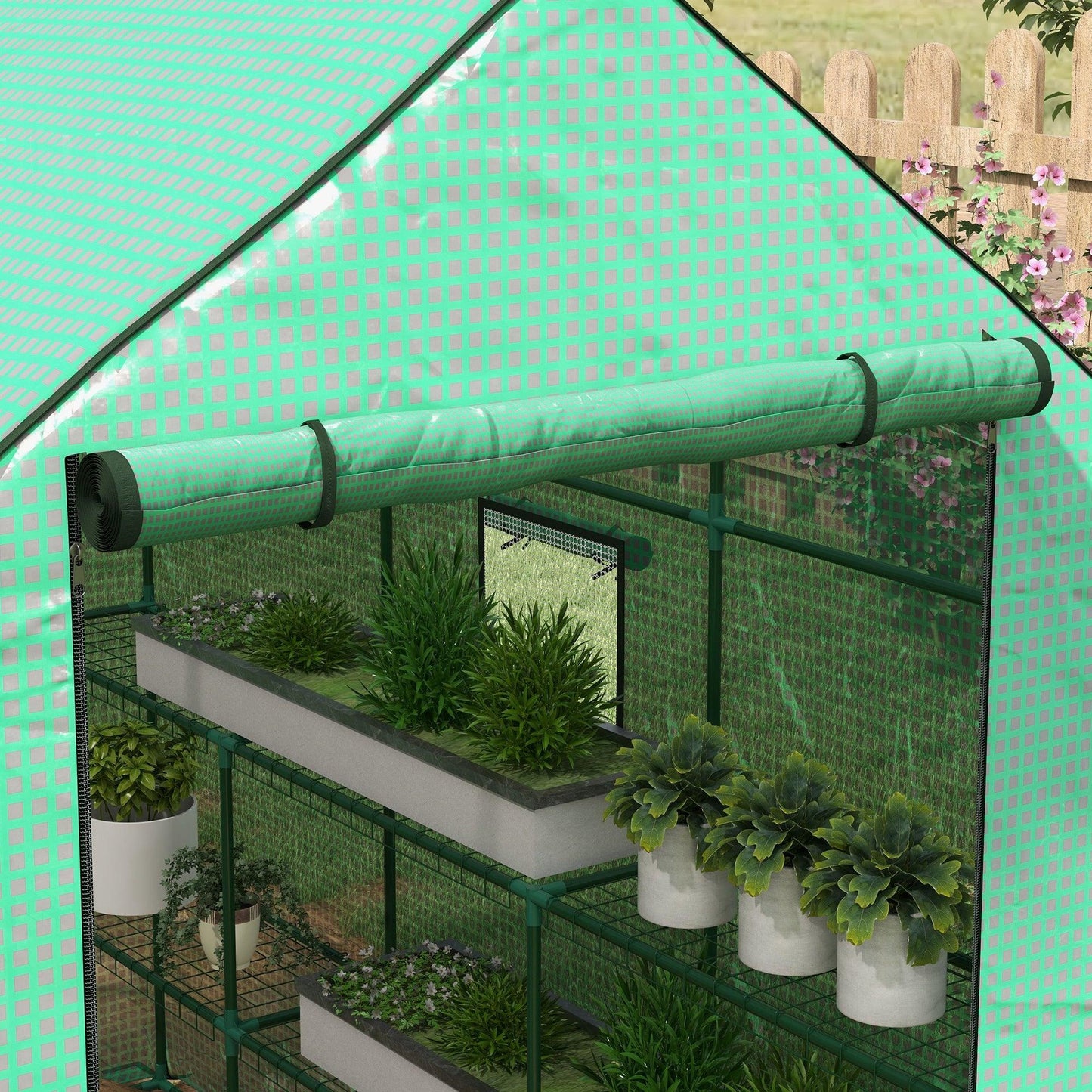 Outsunny Walk-in Greenhouse w/ 3 Tier Shelves, Green House Garden Grow House w/ PE Cover, Roll-up Door, Mesh Windows, 140 x 213 x 190cm, Green - ALL4U RETAILER LTD