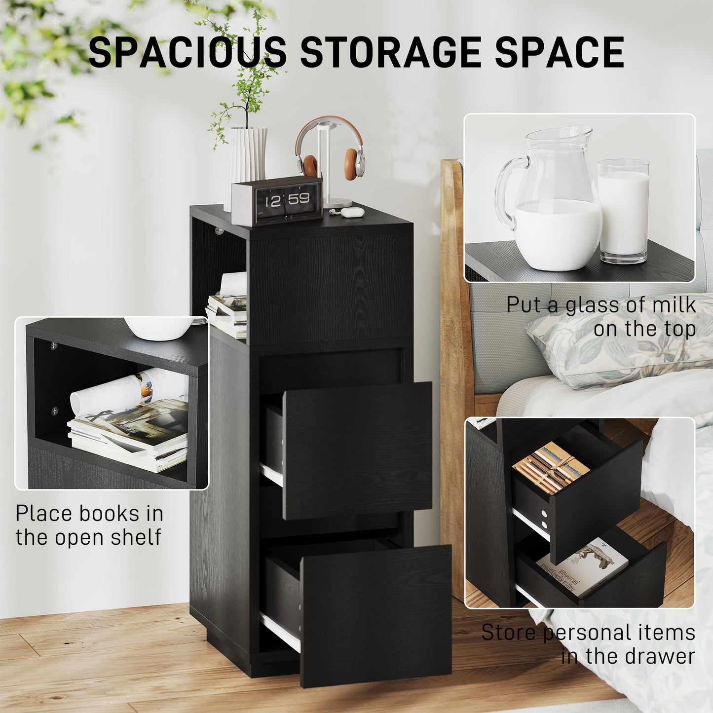 HOMCOM Slim Bedside Table Narrow Bedside Cabinet With Open Shelf And Two Drawers For Bedroom And Living Room Black