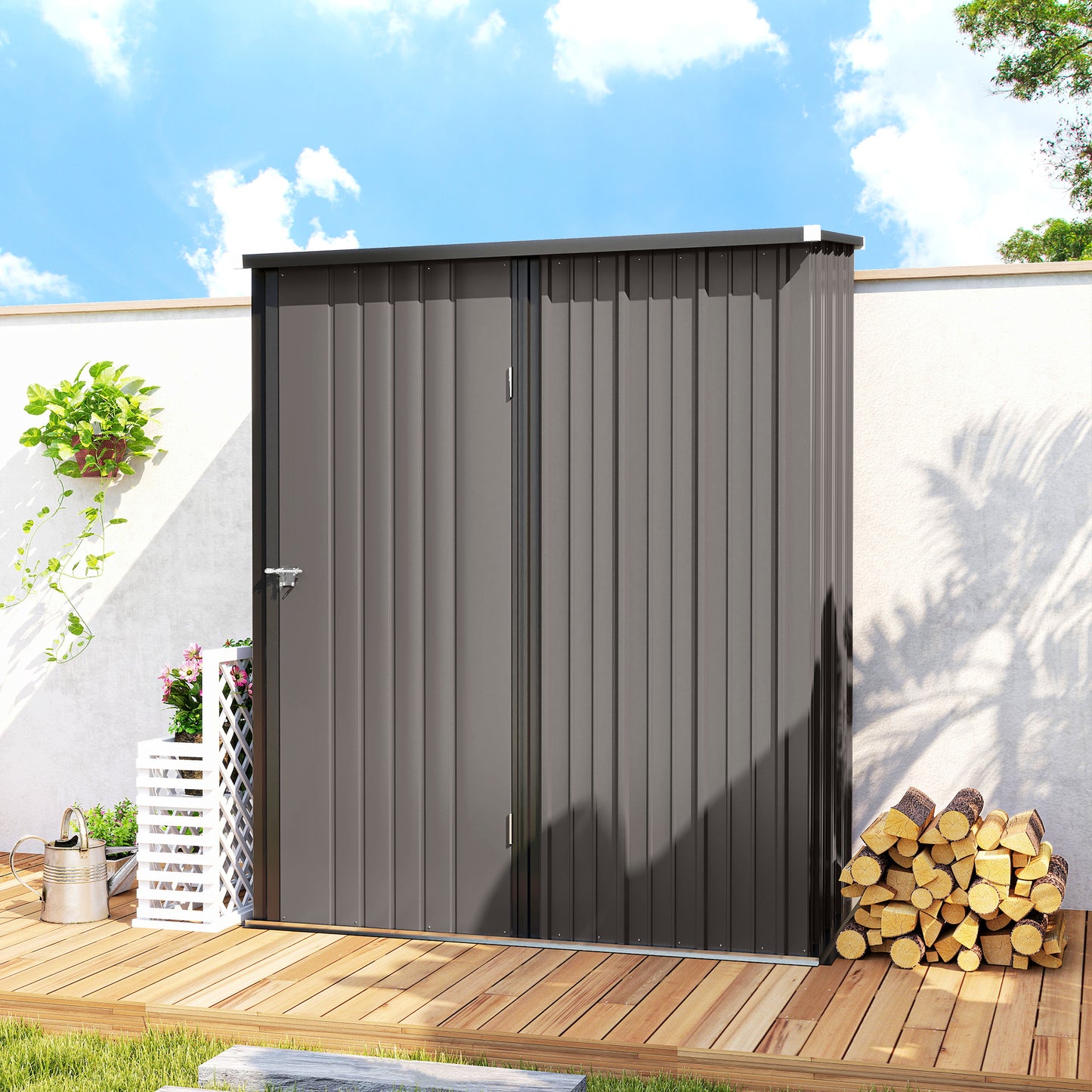Outsunny 5.3 x 3.1ft Corrugated Galvanised Steel Garden Shed Light Grey Open Inside For Easy Storage And Shelving