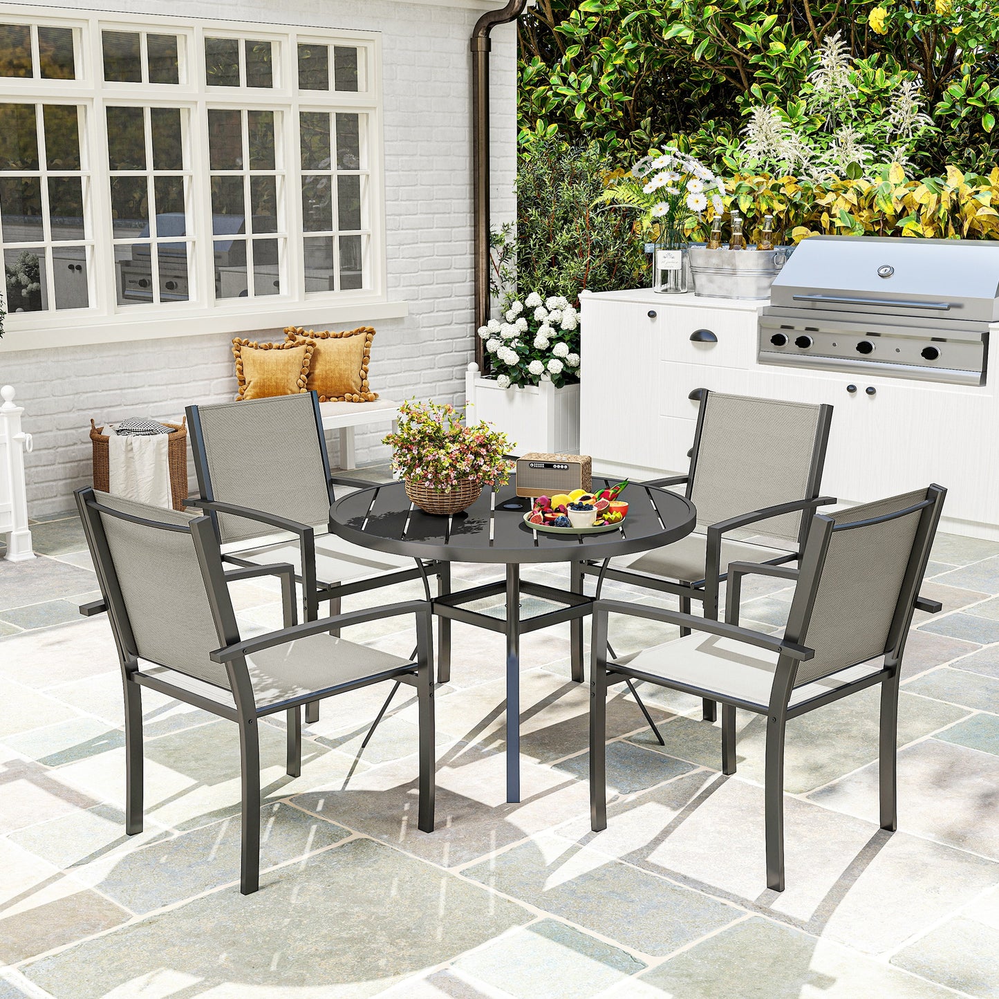 Outsunny 5 Piece Garden Furniture Set With Round Table And 4 Stackable Chairs In Dark Grey