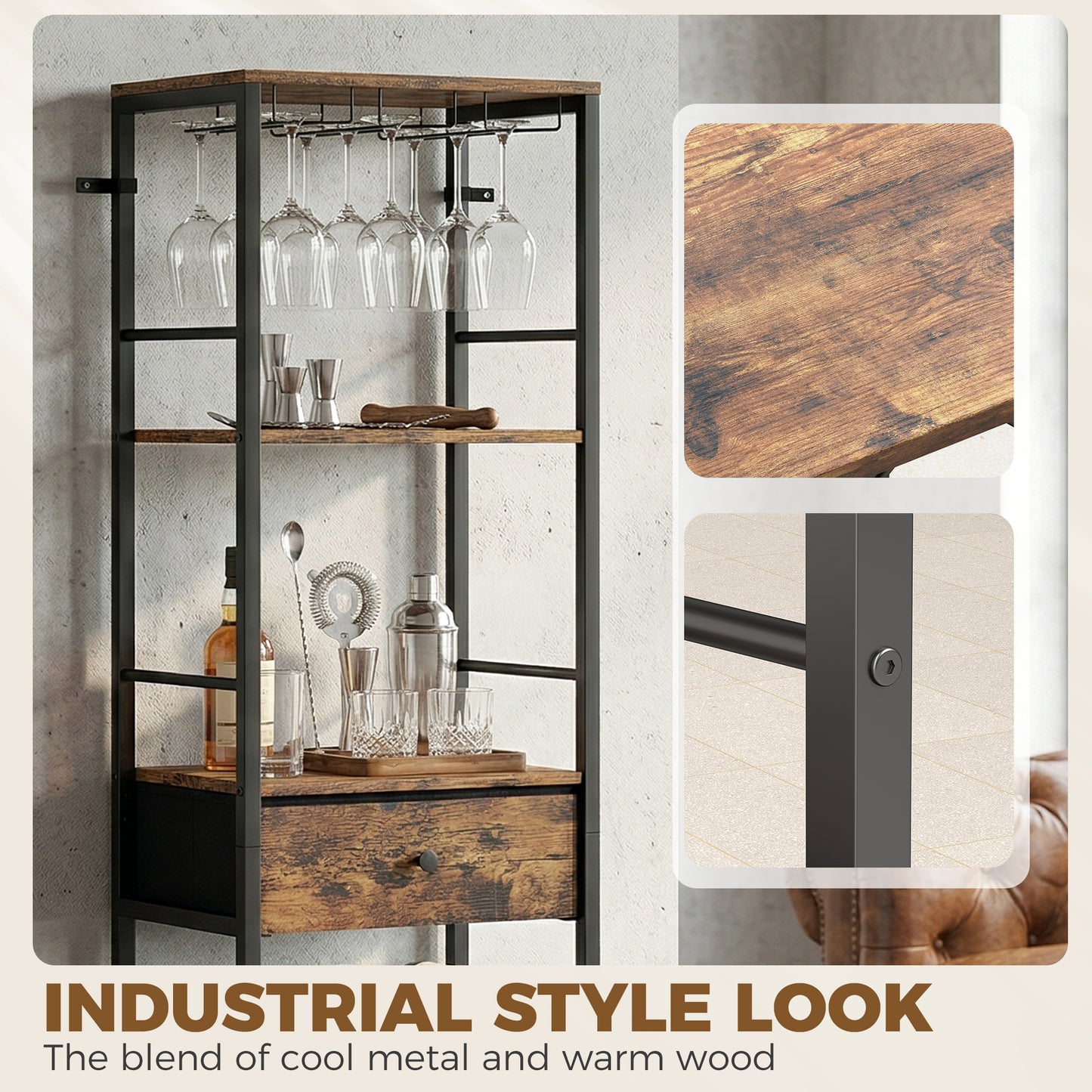 HOMCOM Industrial Wine Bar Cabinet Freestanding Liquor Cabinet Featuring 16 Bottle Wine Rack Glass Holder Rustic Brown
