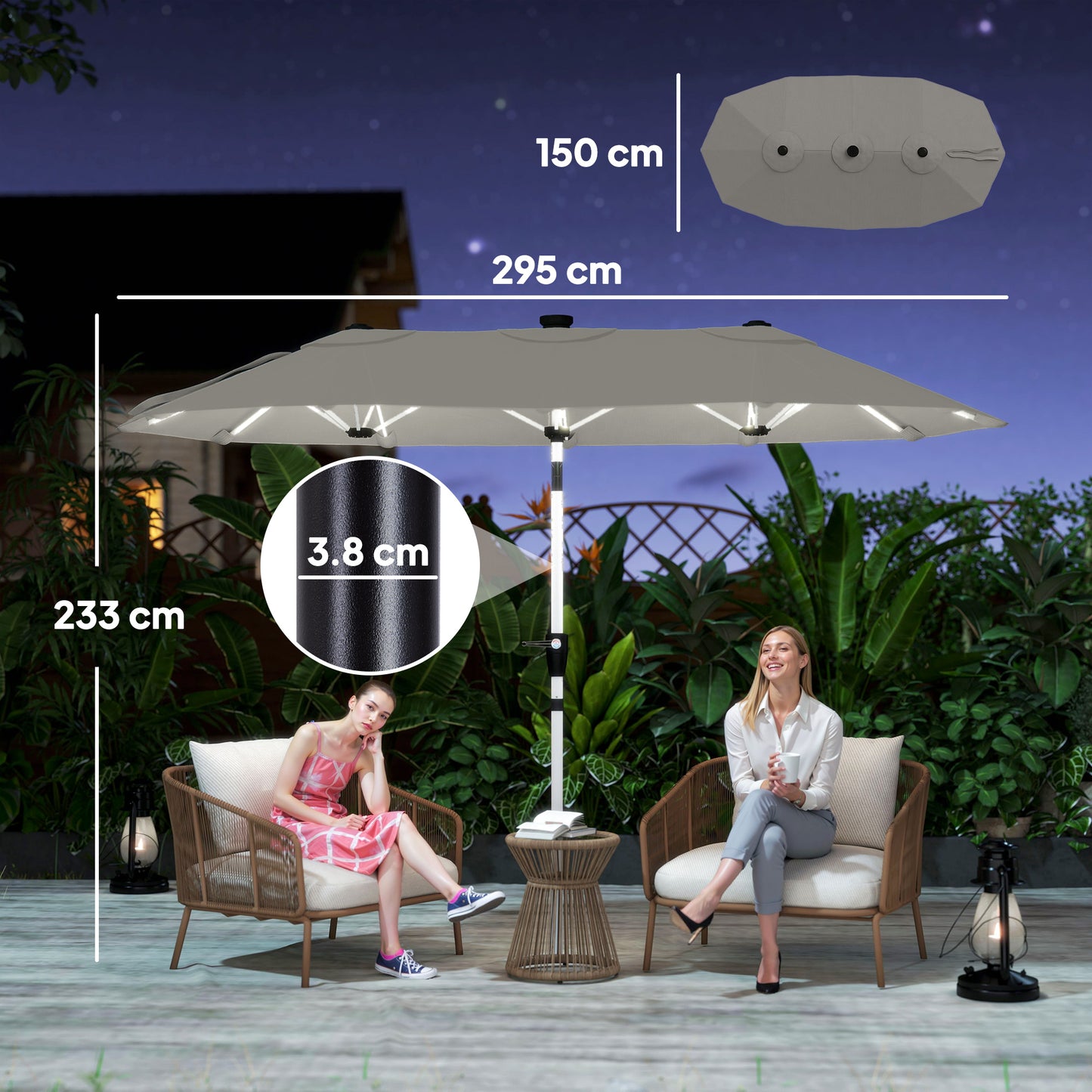 Outsunny 3m Double Sided Garden Parasol With LED Solar Lights Outdoor Extra Large Crank Handle Grey