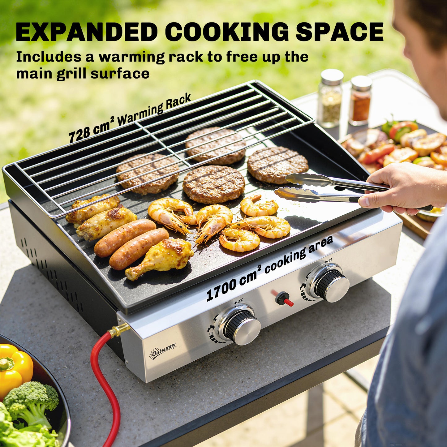 Outsunny Two Burner Grill Griddle Portable Gas Plancha With Warming Rack 5 Kilowatt Tabletop Gas BBQ Grease Cup Black