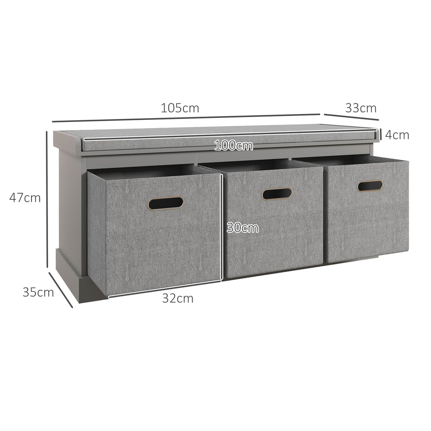 HOMCOM Contemporary Grey Shoe Storage Bench with Cushion and 3 Fabric Drawers for Entryway or Living Room - ALL4U RETAILER LTD