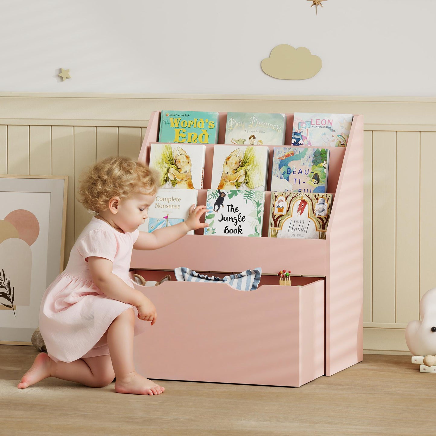 AIYAPLAY Pink Kids Bookcase With Shelves And Drawer On Wheels For Bedroom And Playroom