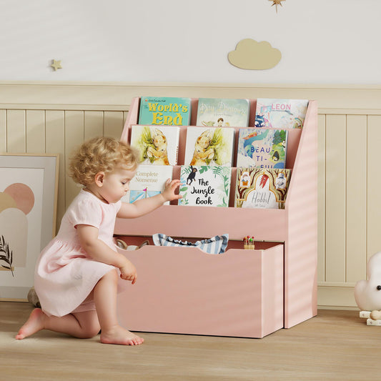 AIYAPLAY Pink Kids Bookcase With Shelves And Drawer On Wheels For Bedroom And Playroom