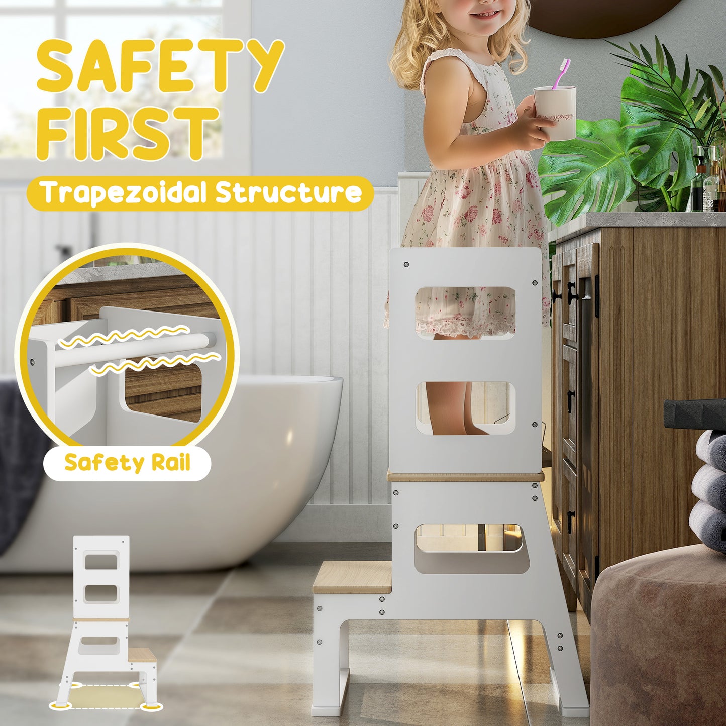 AIYAPLAY 2 In 1 Toddler Tower With Chalkboard Safety Rail For Kitchen Counter Bathroom Sink White