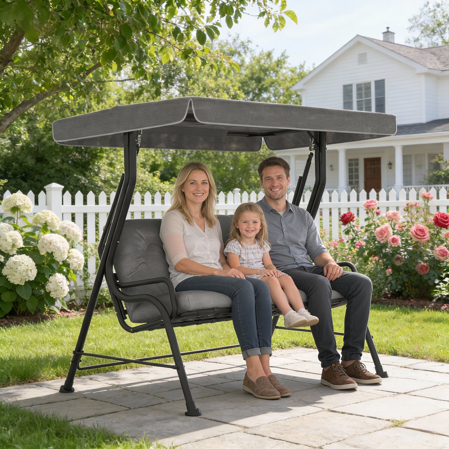 Outsunny 3 Seater Garden Swing Chair With Adjustable Waterproof Canopy Outdoor Patio Furniture Light Grey