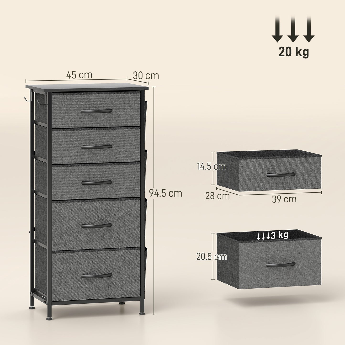 HOMCOM Five Drawer Fabric Chest In Charcoal Grey With Steel Frame And Side Pockets